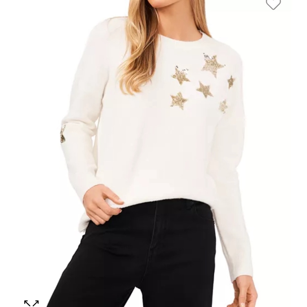 CeCe Crew Neck Gold Sequined Star Sweater Merino Wool Blend Size Medium